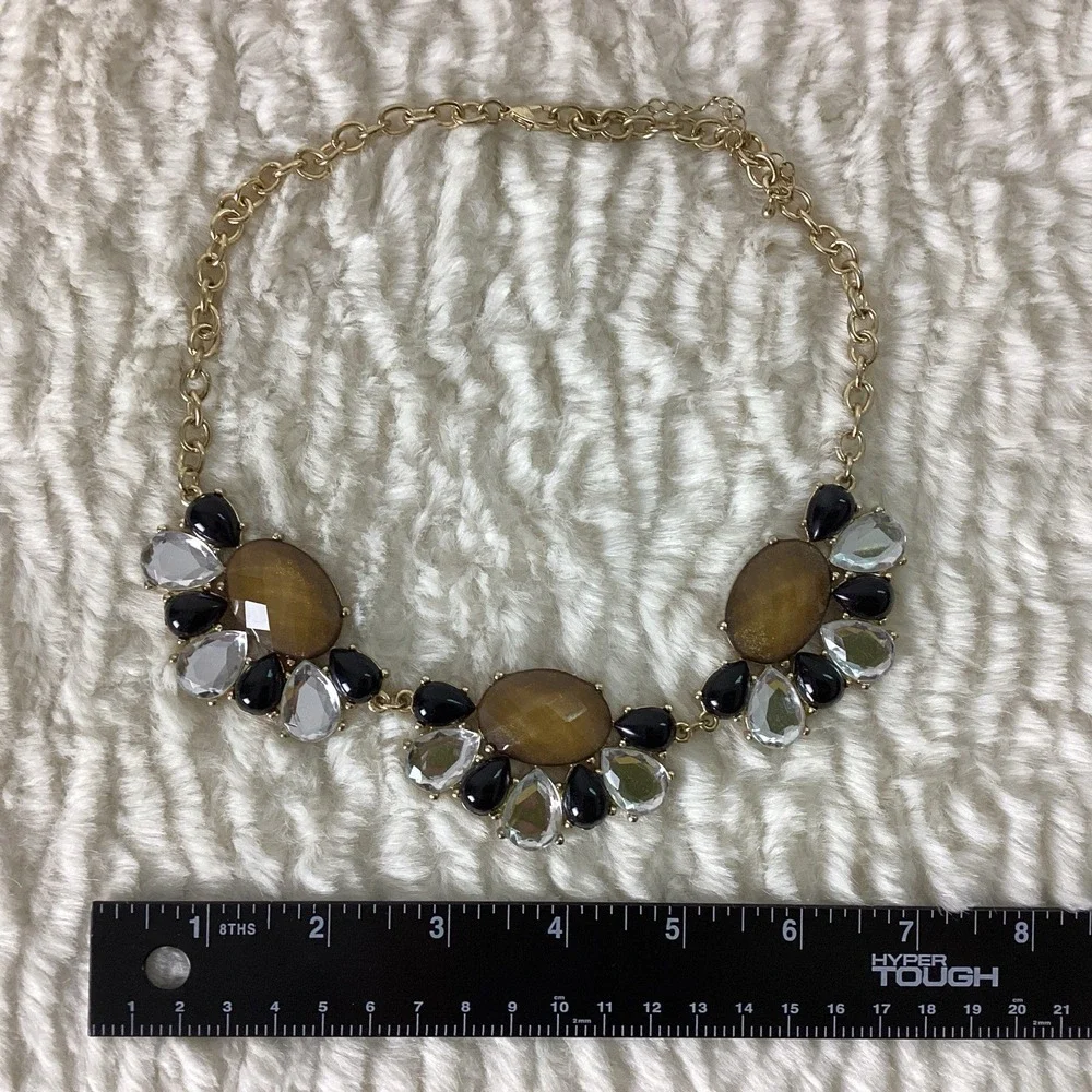 Vintage Gold Tone Necklace Black & Clear Teardrop Accents Faceted Brown Stones